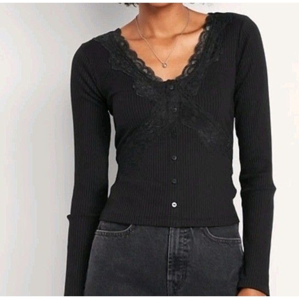 NWT Women's Old Navy Lace Trim V-Neck Ribbed Top Size L   N7